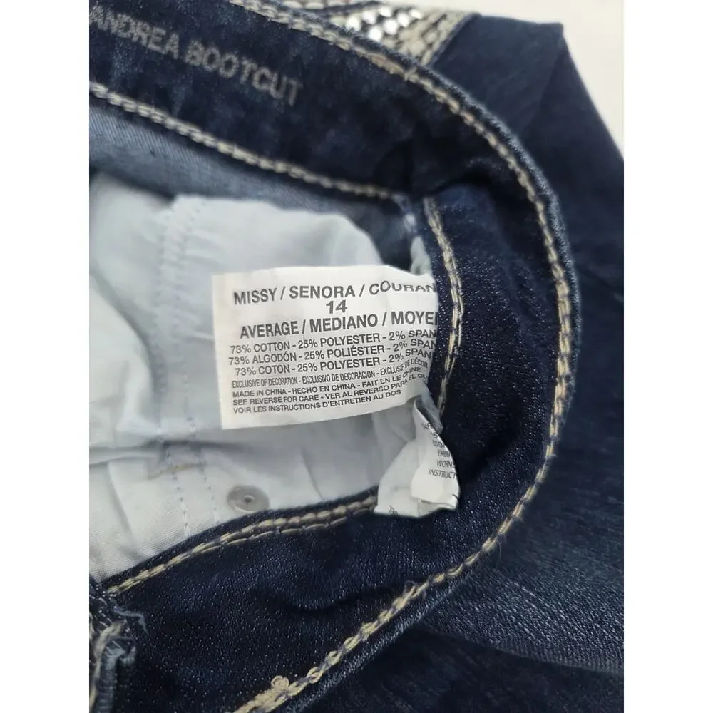 Code Bleu Jeans Andrea Bootcut Blue Denim Stretch Size 14/31R Bling Thick Stitch - Picture 5 of 10